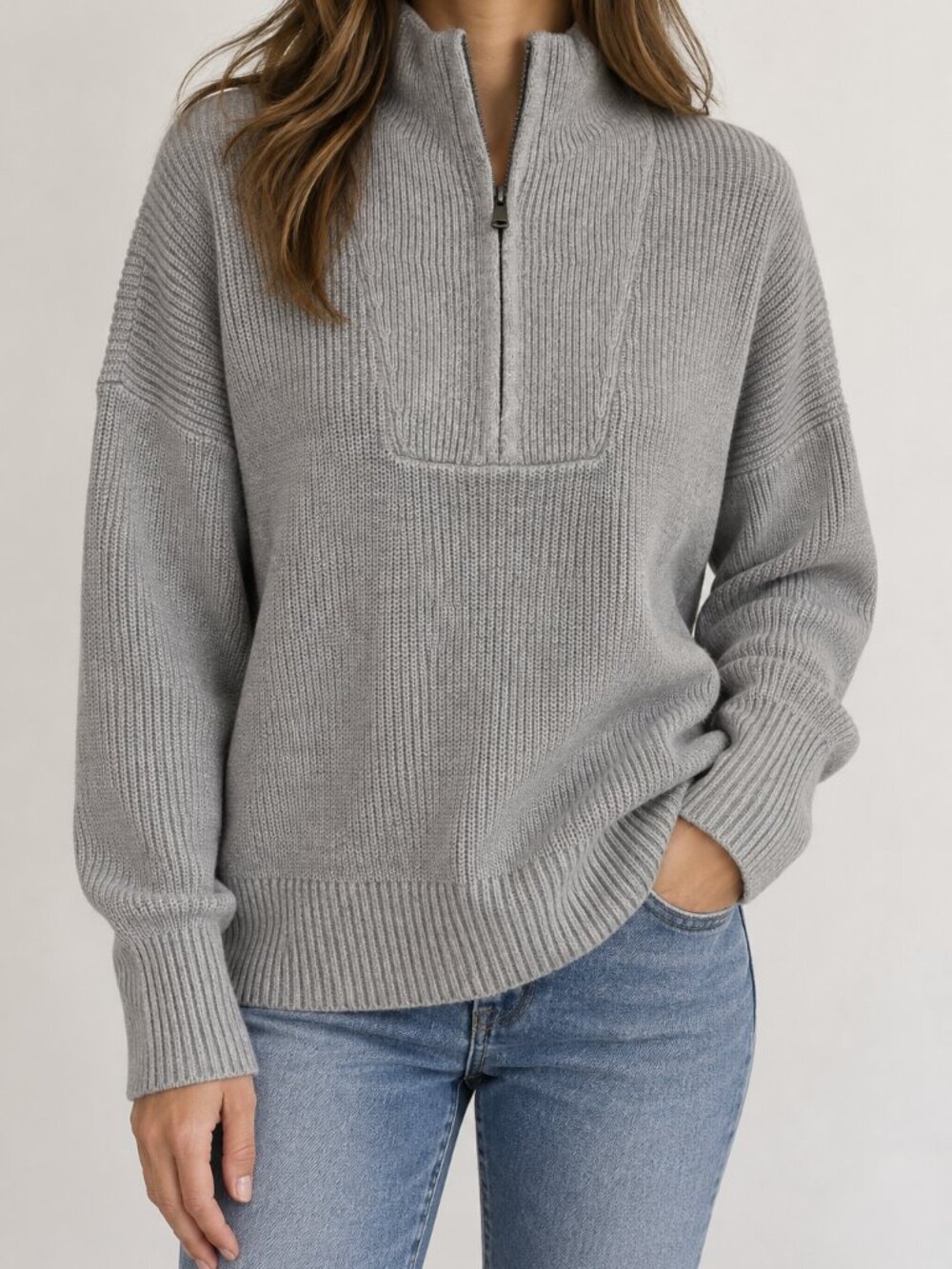 Lands’ End Drifter Gray 100% Cotton Quarter Zip Sweater M NWT